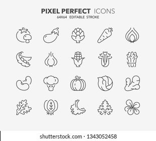 Thin line icons set of vegetables. Outline symbol collection. Editable vector stroke. 64x64 Pixel Perfect.
