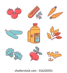 Thin line icons set. Vegetables and juice extractor and squeezer. Flat style color vector symbols isolated on white.