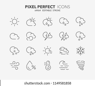 Thin line icons set of weather. Outline symbol collection. Editable vector stroke. 64x64 Pixel Perfect.