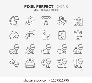 Thin line icons set of wine and wine pairing. Outline symbol collection. Editable vector stroke. 64x64 Pixel Perfect.