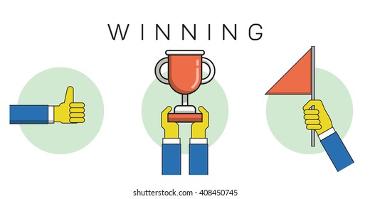 Thin line icons set of winning business concept, flat linear element and collection design. Thumb up, holding trophy, raising flag. 