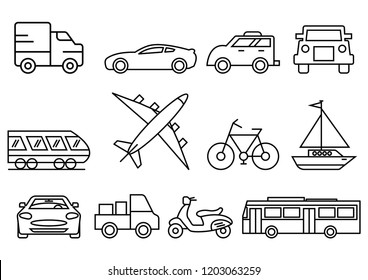 thin line icons set,transportation,Airplane,Car,Truck,Bus,Train,Bicycle,Car front,Motorcycle,Pickup truck,Boat,vector illustrations