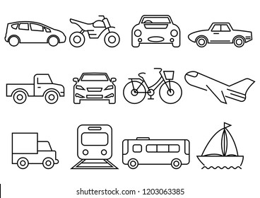 thin line icons set,transportation,Airplane,Car,Truck,Bus,Train,Bicycle,Car front,Motorcycle,Pickup truck,Boat,vector illustrations