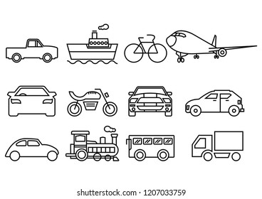 thin line icons set,transportation,Airplane,Car,Truck,Bus,Train,Bicycle,Car front,Motorcycle,Pickup truck,Boat,vector illustrations