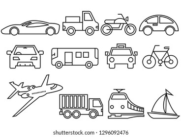 thin line icons set,transportation,Airplane,Car,Truck,Bus,Train,Bicycle,Car front,Motorcycle,Pickup truck,Boat,vector illustrations