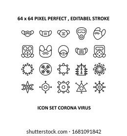Thin Line Icons Simple set  Coronavirus Bacteria related vector line icons . Contains icons such as protective masks, type of Coronavirus virus . Editable stroke. 64x64 Pixel Perfect.