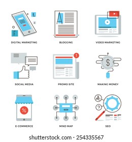 Thin-line-Symbole des Social-Media-Marketing, der Entwicklung digitaler Kampagnen, des mobilen E-Commerce, des viralen Videos, des Web-Blogging. Modernes Design-Element der Vektorgrafik Logo-Illustration.