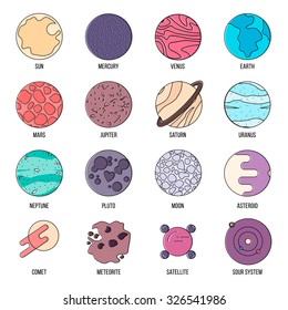 Thin line icons of Space and astronomy. Modern flat line colorful design element vector collection logo illustration concept.