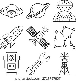Iconos de líneas delgadas de naves espaciales, planetas y equipos de exploración astronómica.