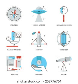 Thin line icons of startup key elements, new brand development, small business growth, market research and company vision. Modern flat line design element vector collection logo illustration concept.