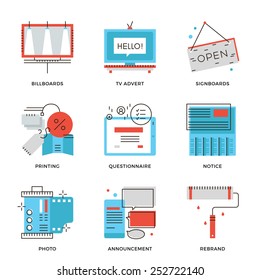 Iconos de línea delgada de canales publicitarios exitosos, marketing directo, desarrollo de marca de empresa, promoción de productos de marca. Concepto moderno de diseño de línea plana elemento de colección vectorial concepto de ilustración del logotipo.