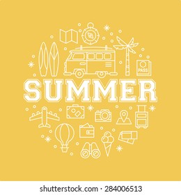 Thin line icons with summer lettering. Modern trendy vector concept for summer holiday vacation