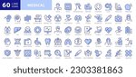Thin Line Icons Vector Set, flat design medicine symbols. Pharmacology, Anatomy, First Aid, medical ethics with elements for mobile concepts and web. Collection modern infographic logo or pictogram