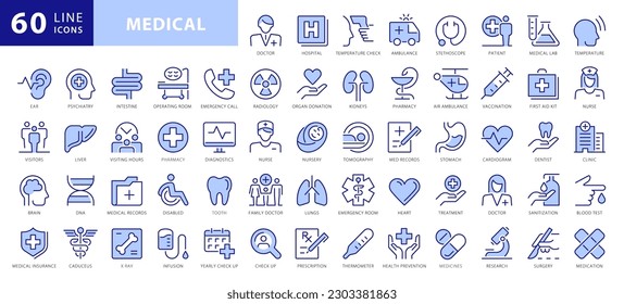 Thin Line Icons Vector Set, flat design medicine symbols. Pharmacology, Anatomy, First Aid, medical ethics with elements for mobile concepts and web. Collection modern infographic logo or pictogram