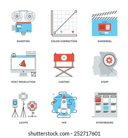 Thin line icons of video production process, professional movie postproduction, actors casting, storyboard writing. Modern flat line design element vector collection logo illustration concept.