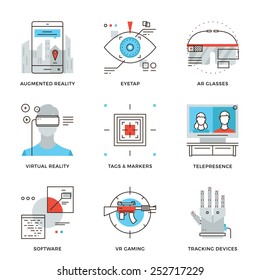 Thin Line Icons Of Virtual Reality Innovation Technologies, AR Glasses, Head-mounted Display, VR Gaming And Tracking Device. Modern Flat Line Design Element Vector Collection Logo Illustration Concept