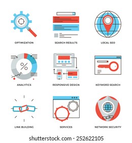 Thin line icons of website search engine optimization, seo analytics stats, network security, webpage traffic development. Modern flat line design element vector collection logo illustration concept.