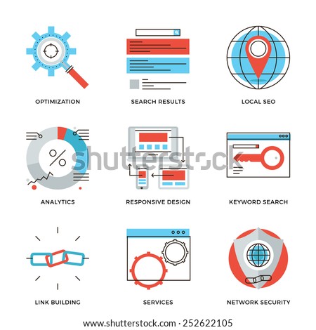 Thin line icons of website search engine optimization, seo analytics stats, network security, webpage traffic development. Modern flat line design element vector collection logo illustration concept.