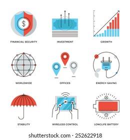 Thin line icons of worldwide corporate business, money growth chart, financial security, energy savings, company stability. Modern flat line design element vector collection logo illustration concept.