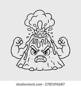 Thin Line Illustration of an Angry Volcano Character