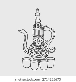 Dünne Linie Illustration einer arabischen Kaffee- oder Teekanne und Tasse mit ethnischen Details.