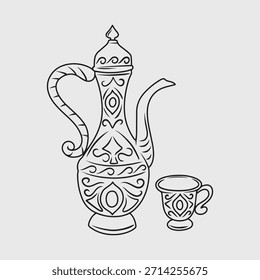 Ilustración de línea delgada de un café árabe o tetera y taza con detalles étnicos.