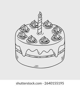 Thin line illustration of a birthday cake with a single candle.