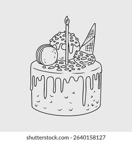 Thin Line Illustration of birthday cake with candle and sweets