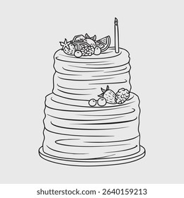 Thin line illustration of a birthday cake with fruit and candle for celebration.
