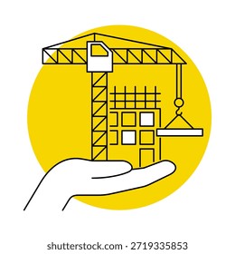 Dünne Darstellung der Bauprojektunterstützung mit Kran, Gebäude und Handsymbol auf gelbem Hintergrund. Konzept der Entwicklung, Immobilieninvestitionen, Gebäudemanagement und