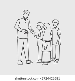 Ilustración de línea delgada de la tradición de Eid al-Fitr de dar permiso de Eid a los niños Ilustración