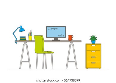 Thin line illustration of interior equipment of a workstation