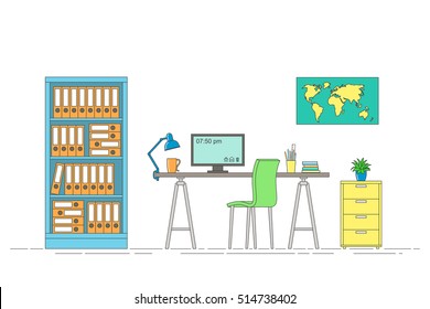 Thin line illustration of interior equipment of a workstation