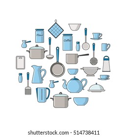 Thin line illustration with kitchen utensils
