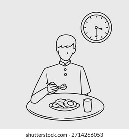 Thin Line Illustration of a man eating sahur for fasting in the month of Ramadan.