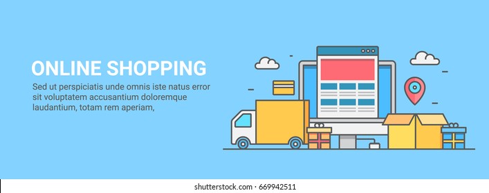 Thin Line Illustration Of Online Shopping, Order, And Delivery. ECommerce Website Flat Vector 