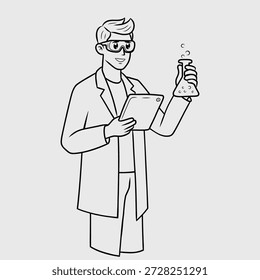 Thin Line Illustration of Scientist in Laboratory Holding Flask