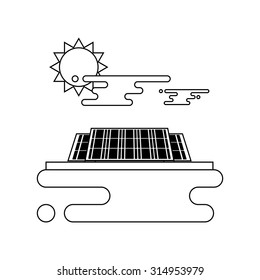 Thin line illustration of solar panels for energy with panel, sun and clouds. Thin line style vector