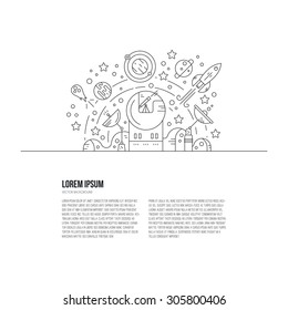 Thin line illustration of space with planets, stars, rocket, meteor, observatory. Discovery and adventure concept. Science related vector design element.
