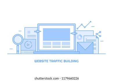 Thin line illustration of Website traffic building, SEO optimization, digital marketing vector isolated on white background