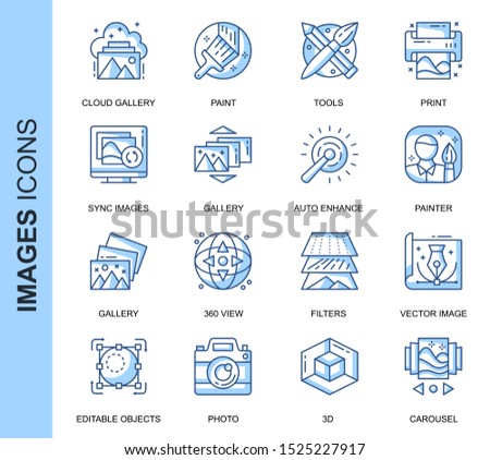 Thin Line Images Related Vector Icons Set for Website and Mobile Site and Apps. Outline icons design. Contains such Icons as 360 Degree View, Cloud Gallery, Filters and more. Linear Pictogram Pack.
