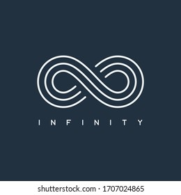 thin line infinity symbol or sign. infinite business logo concept. linear limitless icon. mobius loop. modern outline endless emblem. editable stroke. isolated on blue background. vector illustration