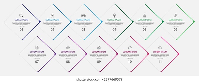 thin line infographic design with 11 sections or options including icons, numbers and text, for your concept flow diagram, business, presentation