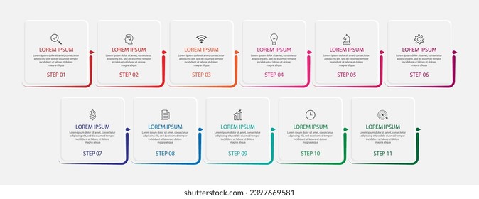diseño de infografía de línea delgada con 11 secciones o opciones que incluyen iconos, números y texto, para su diagrama de flujo de concepto, negocio, presentación