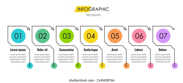 Thin line Infographic design template with 7 options or steps.  Can be used for process diagram, presentations, workflow layout, banner, flow chart, info graph.