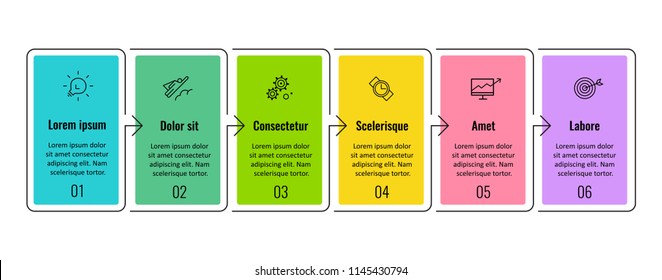 Thin line Infographic design template with 6 options or steps.  Can be used for process diagram, presentations, workflow layout, banner, flow chart, info graph.