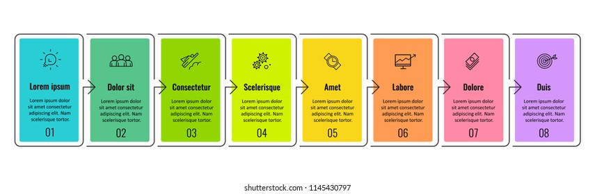 Thin line Infographic design template with 8 options or steps.  Can be used for process diagram, presentations, workflow layout, banner, flow chart, info graph.