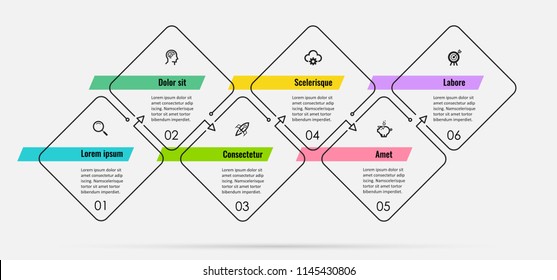 Thin line Infographic design template with 6 options or steps.  Can be used for process diagram, presentations, workflow layout, banner, flow chart, info graph.
