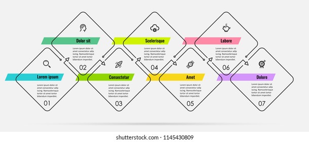 Thin Line Infographic Design Template With 7 Options Or Steps.  Can Be Used For Process Diagram, Presentations, Workflow Layout, Banner, Flow Chart, Info Graph.