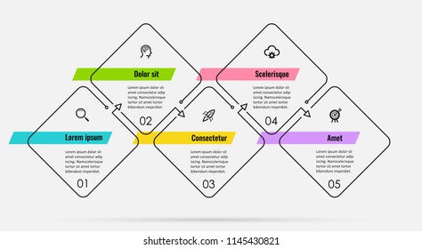Thin line Infographic design template with 5 options or steps.  Can be used for process diagram, presentations, workflow layout, banner, flow chart, info graph.